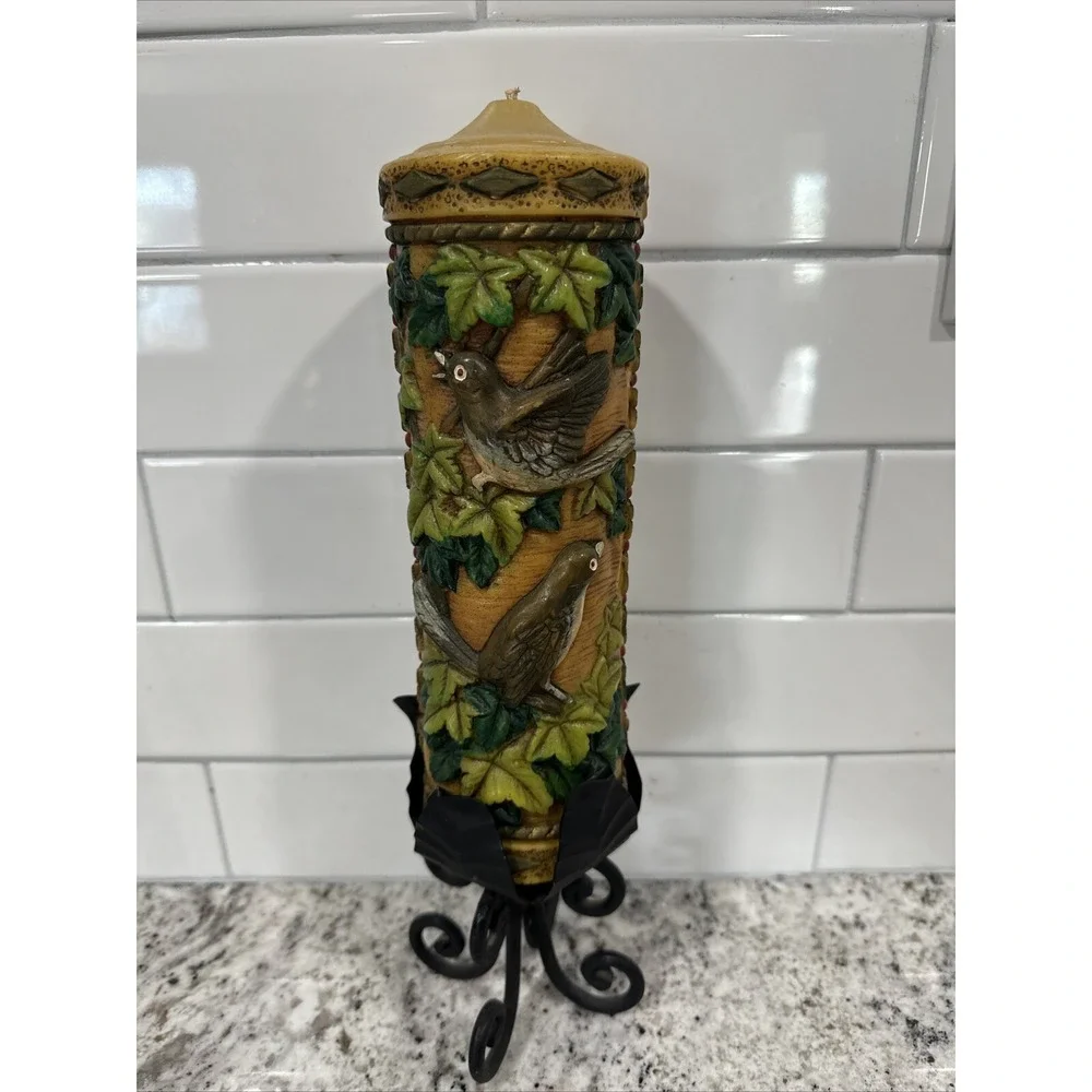 Vintage Pillar Candle With Iron Metal Holder Birds Leaves Great Christmas Gift